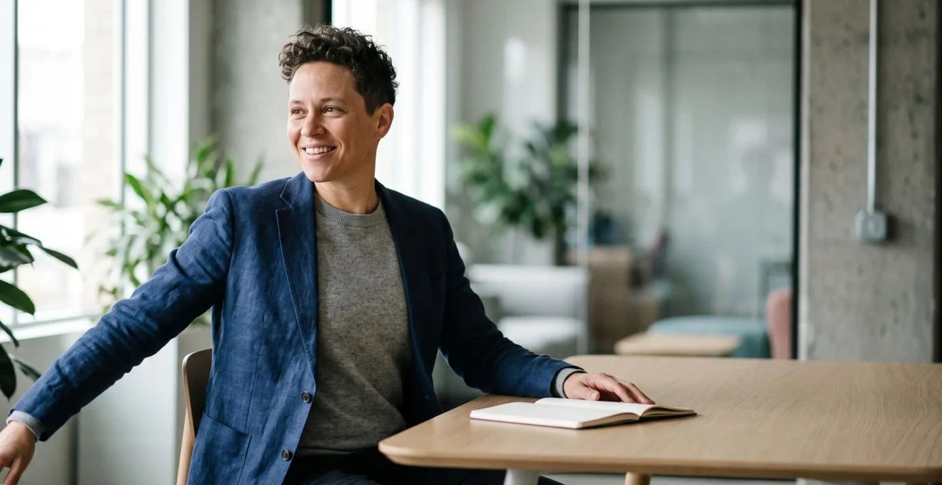 Professionnel assis avec une posture droite et alignée à un bureau lumineux et épuré, illustrant une journée de travail confortable