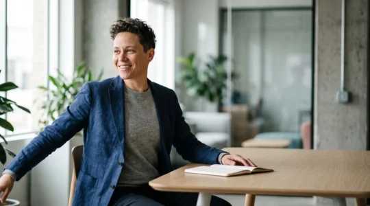 Professionnel assis avec une posture droite et alignée à un bureau lumineux et épuré, illustrant une journée de travail confortable