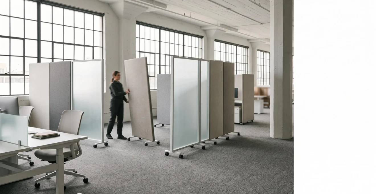 Vue large d'un open space en pleine reconfiguration avec des cloisons mobiles légères repositionnées en quelques minutes