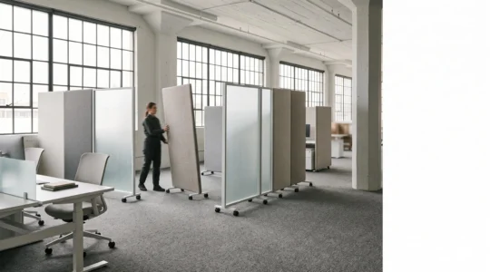 Vue large d'un open space en pleine reconfiguration avec des cloisons mobiles légères repositionnées en quelques minutes
