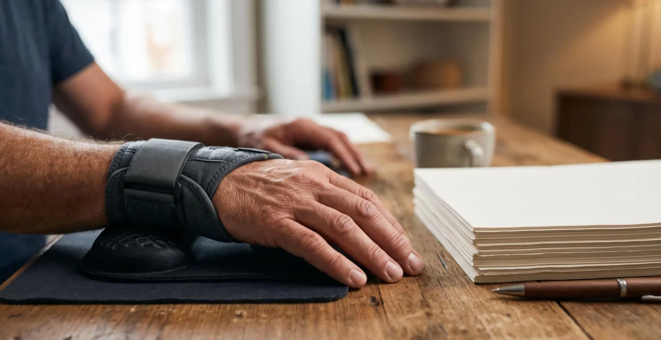 Salarié consultant un dossier médical et des documents administratifs sur un bureau ergonomique, symbolisant la constitution d'un dossier de reconnaissance de TMS.