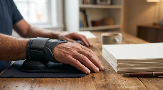 Salarié consultant un dossier médical et des documents administratifs sur un bureau ergonomique, symbolisant la constitution d'un dossier de reconnaissance de TMS.