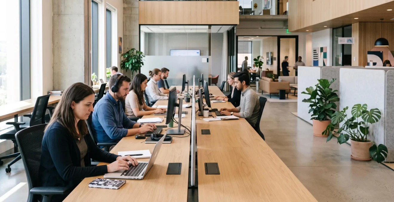 Espace de travail moderne en bench partage illustrant la reduction des couts immobiliers de bureau