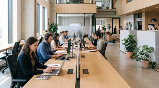 Espace de travail moderne en bench partage illustrant la reduction des couts immobiliers de bureau