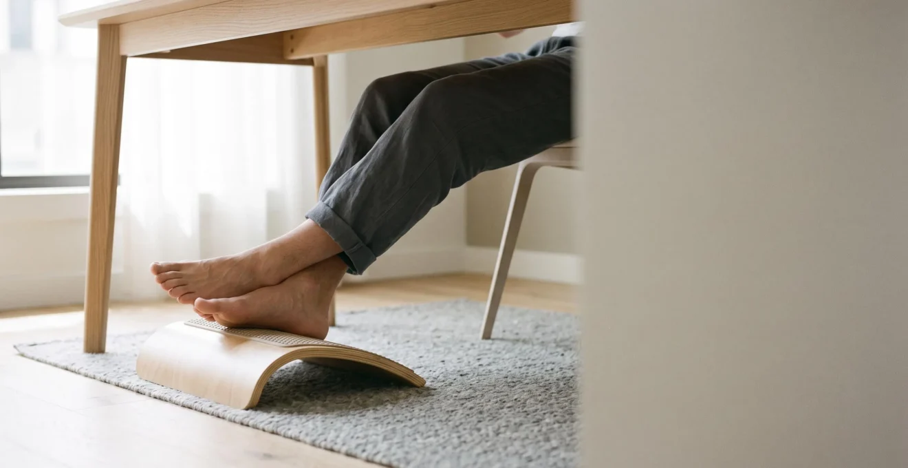 Personne assise à un bureau moderne, pieds reposant confortablement sur un repose-pieds ergonomique pour soulager la sensation de jambes lourdes