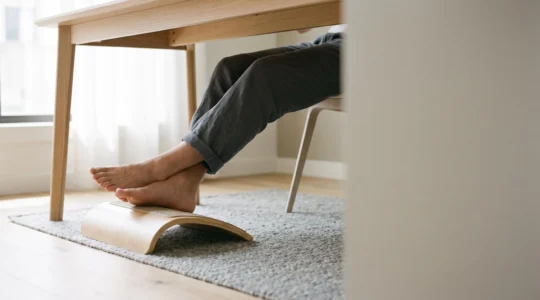 Personne assise à un bureau moderne, pieds reposant confortablement sur un repose-pieds ergonomique pour soulager la sensation de jambes lourdes