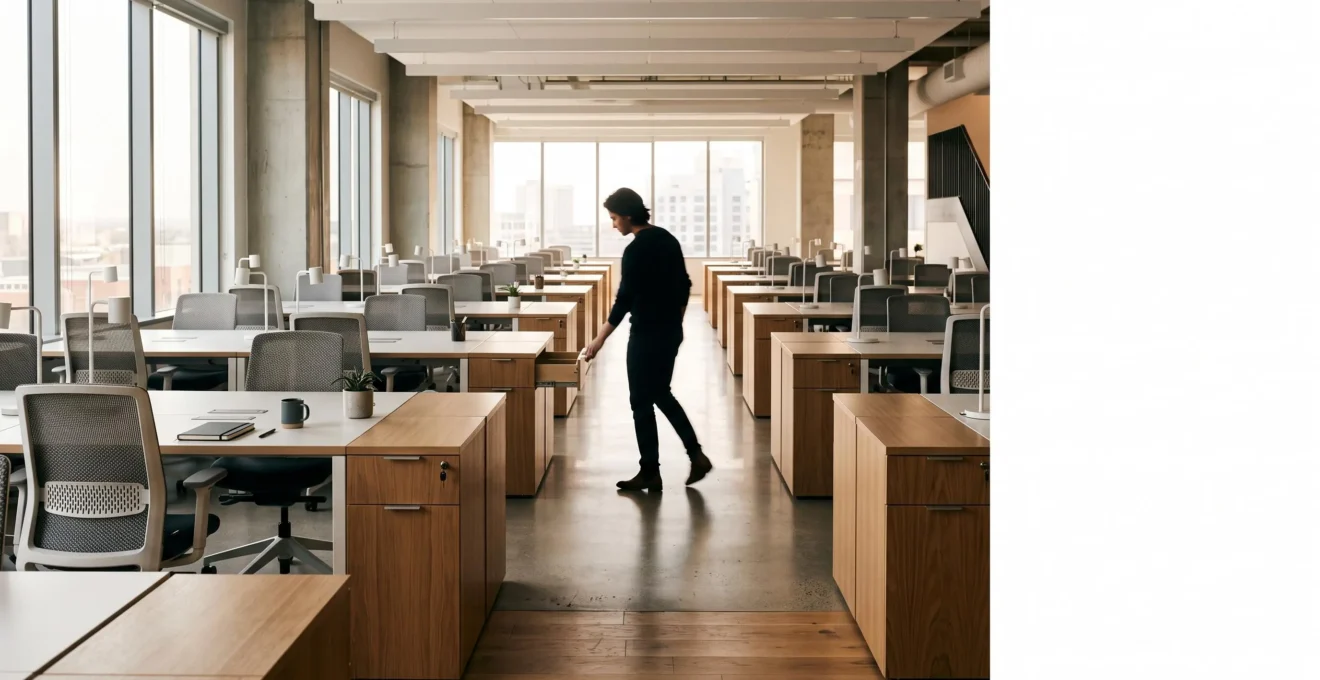 Vue large d'un open space contemporain organisé avec des caissons de rangement individuels sécurisés, symbolisant la protection des données sensibles