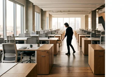 Vue large d'un open space contemporain organisé avec des caissons de rangement individuels sécurisés, symbolisant la protection des données sensibles