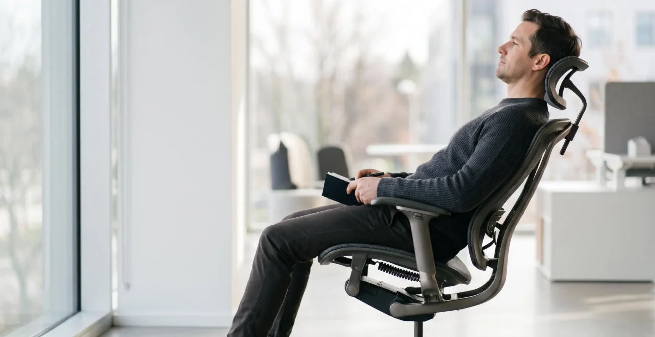 Personne assise naturellement dans un fauteuil de bureau synchrone moderne qui s'incline avec son corps, illustrant l'adaptation automatique à toute morphologie