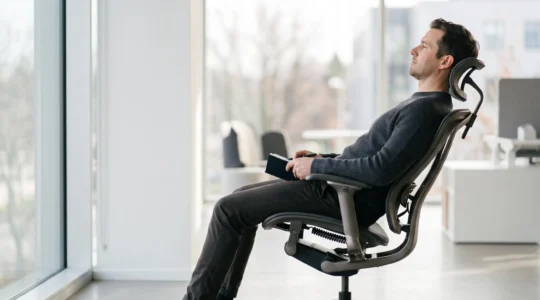 Personne assise naturellement dans un fauteuil de bureau synchrone moderne qui s'incline avec son corps, illustrant l'adaptation automatique à toute morphologie