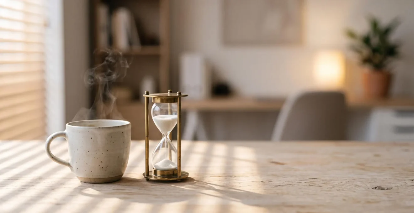 Nature morte symbolisant la pause reparatrice de 20 minutes au bureau, tasse de cafe et lumiere douce d'apres-midi