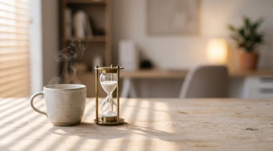 Nature morte symbolisant la pause reparatrice de 20 minutes au bureau, tasse de cafe et lumiere douce d'apres-midi