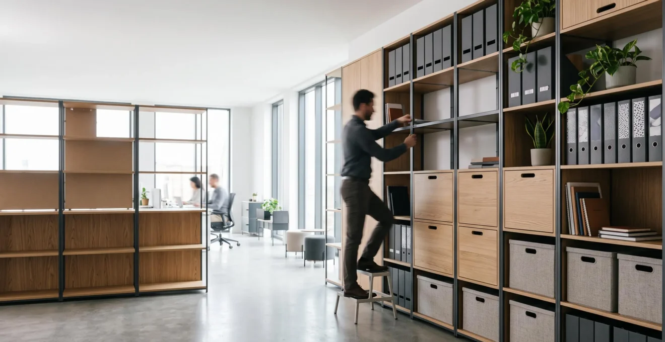 Bureau moderne avec un système de rangement modulaire vertical évolutif, symbolisant la croissance d'une entreprise