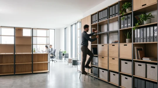 Bureau moderne avec un système de rangement modulaire vertical évolutif, symbolisant la croissance d'une entreprise