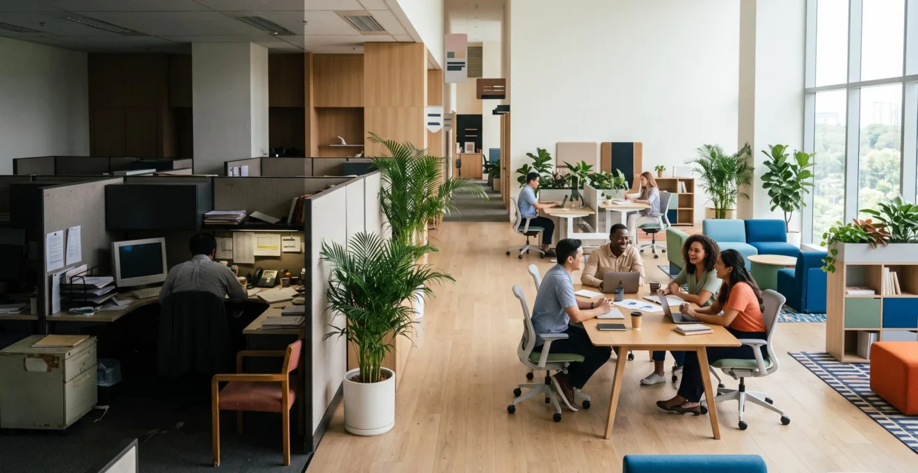 Bureau lumineux et ergonomique symbolisant la transformation d'un espace de travail classique en environnement performant