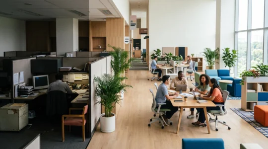 Bureau lumineux et ergonomique symbolisant la transformation d'un espace de travail classique en environnement performant