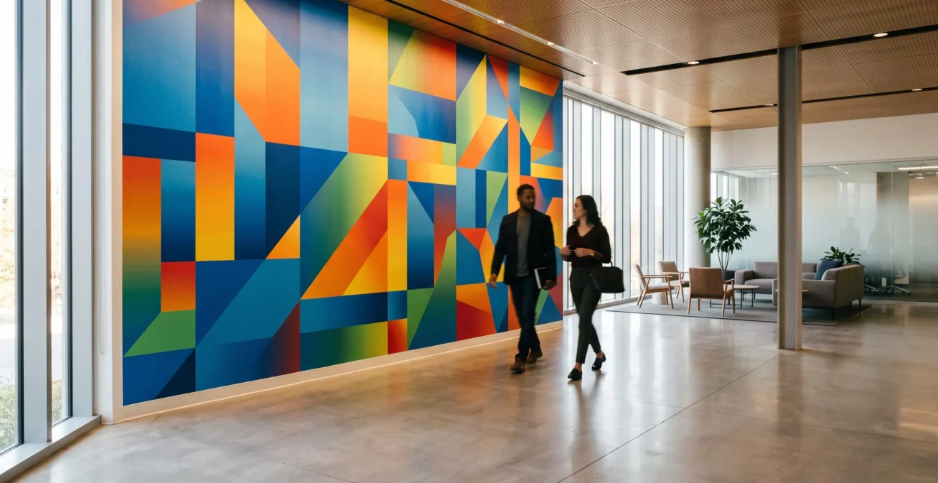 Grand mur d'entreprise affichant la vision et les valeurs dans un espace de travail lumineux et moderne