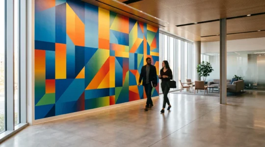 Grand mur d'entreprise affichant la vision et les valeurs dans un espace de travail lumineux et moderne