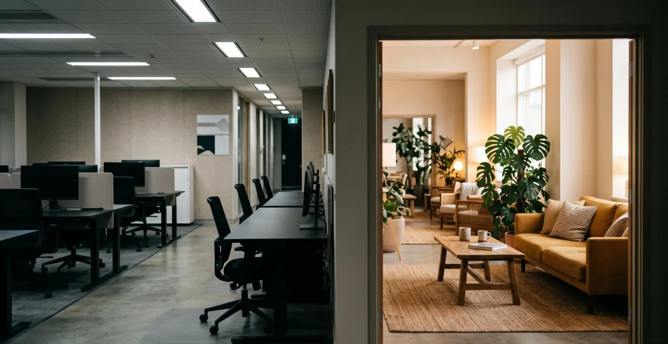 Coin lounge chaleureux et convivial au sein d'un espace de bureau moderne, symbole de la réduction du turn-over