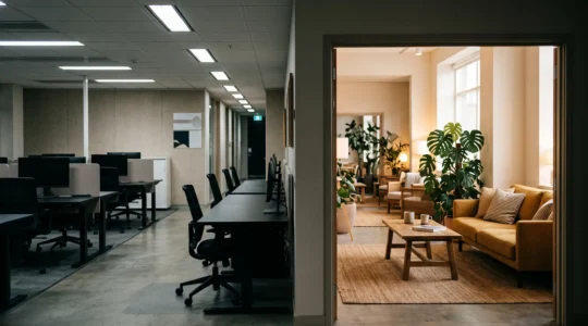Coin lounge chaleureux et convivial au sein d'un espace de bureau moderne, symbole de la réduction du turn-over