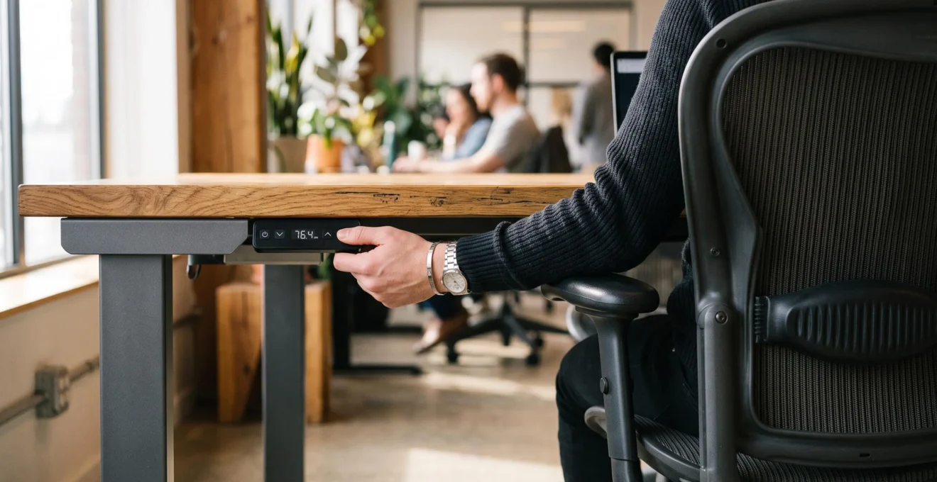 Mains ajustant la hauteur d'un bureau assis-debout électrique avec chaise ergonomique à proximité.