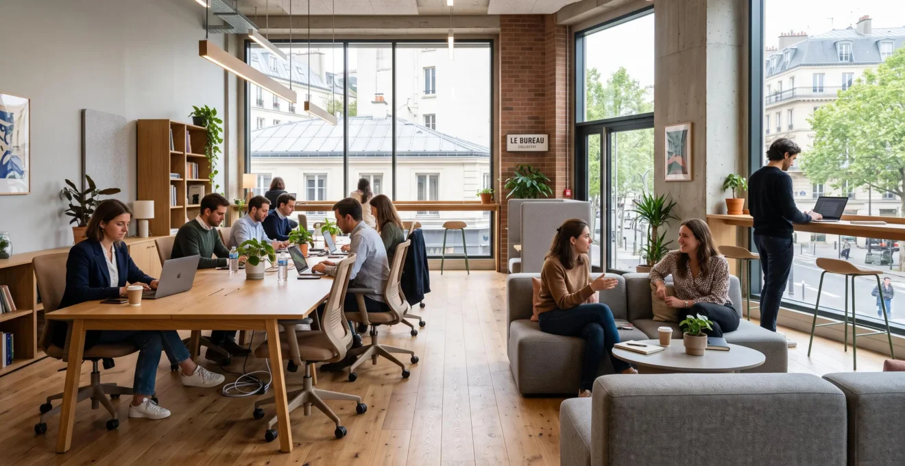 Espace de coworking lumineux avec zones de travail, détente et échange meublées de mobilier professionnel.
