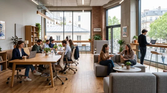 Espace de coworking lumineux avec zones de travail, détente et échange meublées de mobilier professionnel.