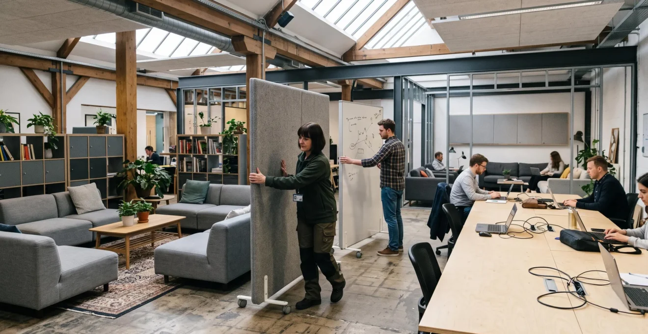 Deux personnes délimitent des zones d'usage avec une cloison acoustique mobile dans un bureau collaboratif.