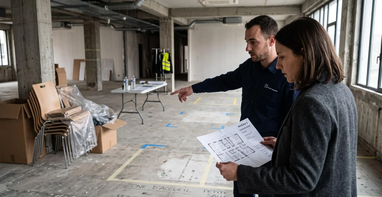 Un responsable de projet et un fournisseur planifient l'implantation du mobilier sur un plan d'étage.